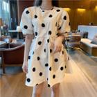 Dotted Elbow-sleeve A-line Dress White - M
