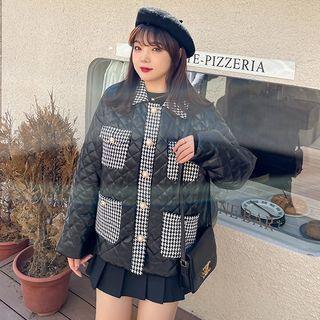 Quilted Houndstooth Trim Button Coat