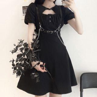 Puff-sleeve Cutout Shirred A-line Dress / Body Harness