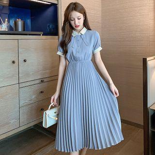Collared Short-sleeve Accordion Pleat Midi A-line Dress
