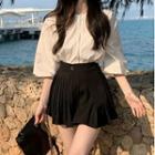 Elbow-sleeve Zip Blouse / Pleated Mini A-line Skirt