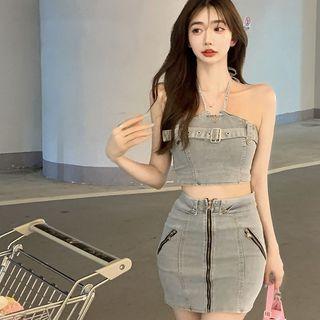 Set: Halter-neck Buckled Denim Crop Top + Pencil Skirt