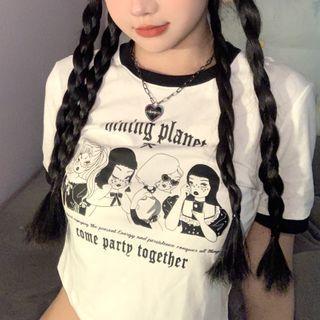 Short-sleeve Cartoon Print T-shirt Print - White - One Size