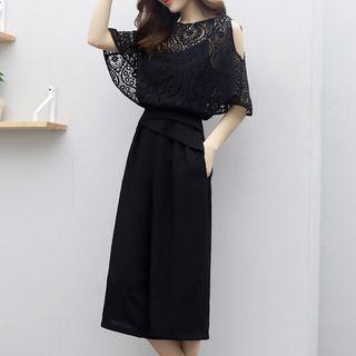 Set: Lace Cold Shoulder Elbow-sleeve Top + Wide Leg Cropped Pants