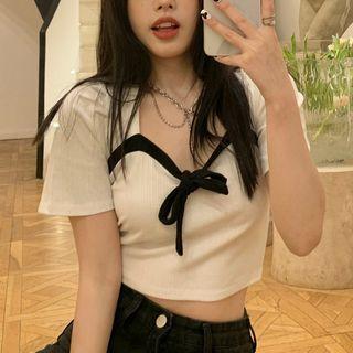 Bow Cutout-back Cropped T-shirt White - One Size