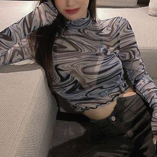 Lettuce-edge Printed Crop Top Blue - One Size