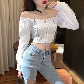 Front-zip Long-sleeve Cropped Blouse