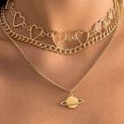 Layered Heart Chain Planet Pendant Necklace
