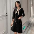 3/4-sleeve Knit A-line Dress Black - One Size