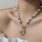 Heart Pendant Faux Pearl Necklace White & Blue & Green Faux Pearl - Gold - One Size