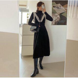 Lace Panel Midi A-line Overall Dress / Long-sleeve Turtleneck Top