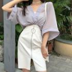 Bell-sleeve Plain Blouse / High-waist Zipped Split Hem Skirt