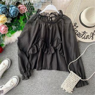 Open Back Ruffle Trim Long-sleeve Light Top