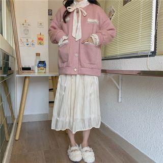 Fringed Trim Cardigan / Shirred Midi A-line Skirt