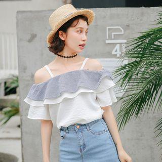 Plaid Panel Off Shoulder Short Sleeve Top