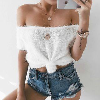 Short-sleeve Off-shoulder Cropped Knit Top