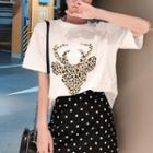 Set: Elbow-sleeve Leopard Print T-shirt + Polka Dot Mini Pencil Skirt
