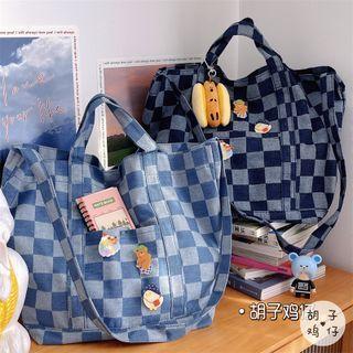 Checkered Denim Tote Bag