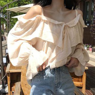Ruffle Spaghetti Strap Long-sleeve Chiffon Top