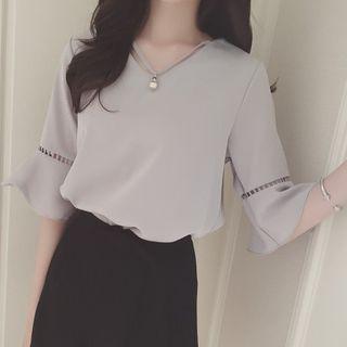 Embellished Cutout Bell-sleeve Chiffon Top