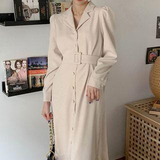 Button-up Ruffle Hem Midi A-line Dress
