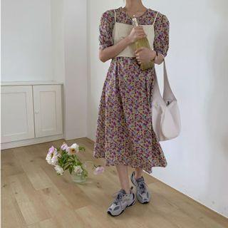 Set Of 2: Plain Camisole Top + Floral Short-sleeve Dress