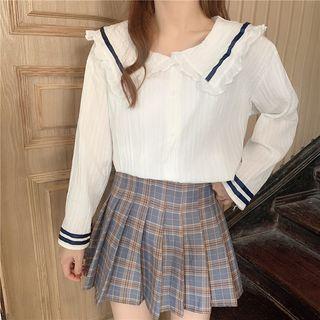 Contrast-trim Collared Blouse White - One Size