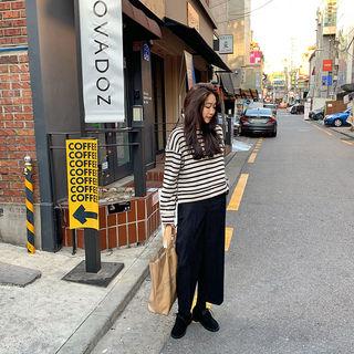 Slit-hem Napped Boxy Stripe Pullover