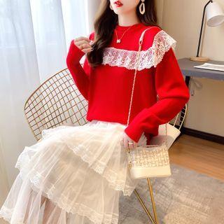 Set: Lace-trim Sweater + Layered Skirt