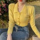 Collared Cropped Cardigan Light Yellow - One Size