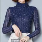 Mesh Long-sleeve Turtleneck Top