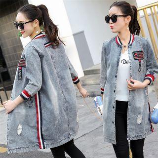 Contrast Trim Washed Long Denim Jacket