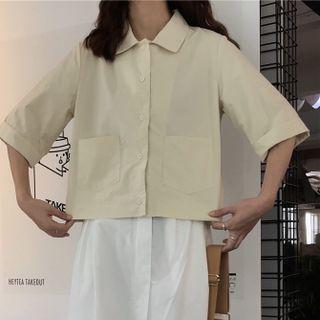 Elbow-sleeve Plain Cropped Shirt