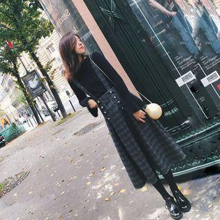 Set: Plain Flared-sleeve Cardigan + Plaid Midi Suspender Skirt