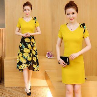 Set: Plain Short-sleeve Sheath Dress + Printed A-line Skirt
