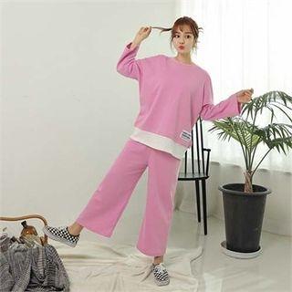 Set Lettering-patch Layered T-shirt + Wide-leg Pants