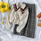 Lace Trim Collared Shirt / Plaid A-line Skirt