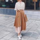 Elbow-sleeve Tie-waist Two-tone Midi Shirt Dress