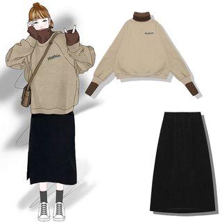 Lettering Turtleneck Pullover / A-line Midi Corduroy Skirt