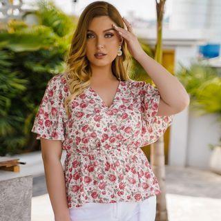 Plus Size Short-sleeve Floral Peplum Blouse