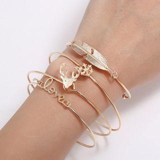 Set Of 4: Alloy Love Lettering / Snowflake / Deer / Feather Bangle Set Of 4 - As Shown In Figure - One Size