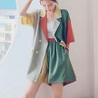 Set: Short-sleeve Color Block Double-breasted Blazer + Shorts