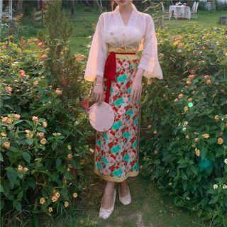 Lace Bandeau / Chiffon Light Jacket / Floral Midi Skirt