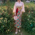 Lace Bandeau / Chiffon Light Jacket / Floral Midi Skirt