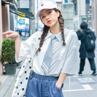 Elbow-sleeve Striped Panel Shirt With Tie