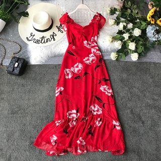 Cap-sleeve Floral Print A-line Maxi Dress