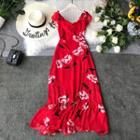 Cap-sleeve Floral Print A-line Maxi Dress