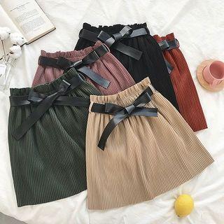 Plain Ribbon Lace-up Pleated Flared Skirt