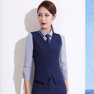 Set: Plain V-neck Vest + Pencil Skirt