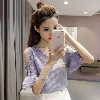 Open Shoulder V-neck Short-sleeve Chiffon Blouse